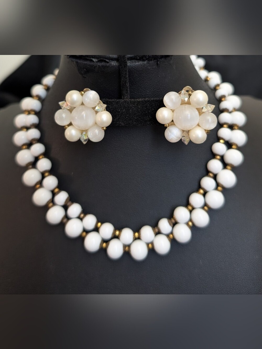 Miriam Haskell Classic 40s Milk Glass Necklace & Lisner Moonglow Earrings